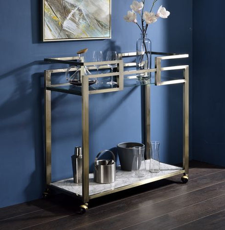 Acme - Neilo Serving Cart AC00159 Clear Glass, Faux Marble Top & Wire Brass Finish