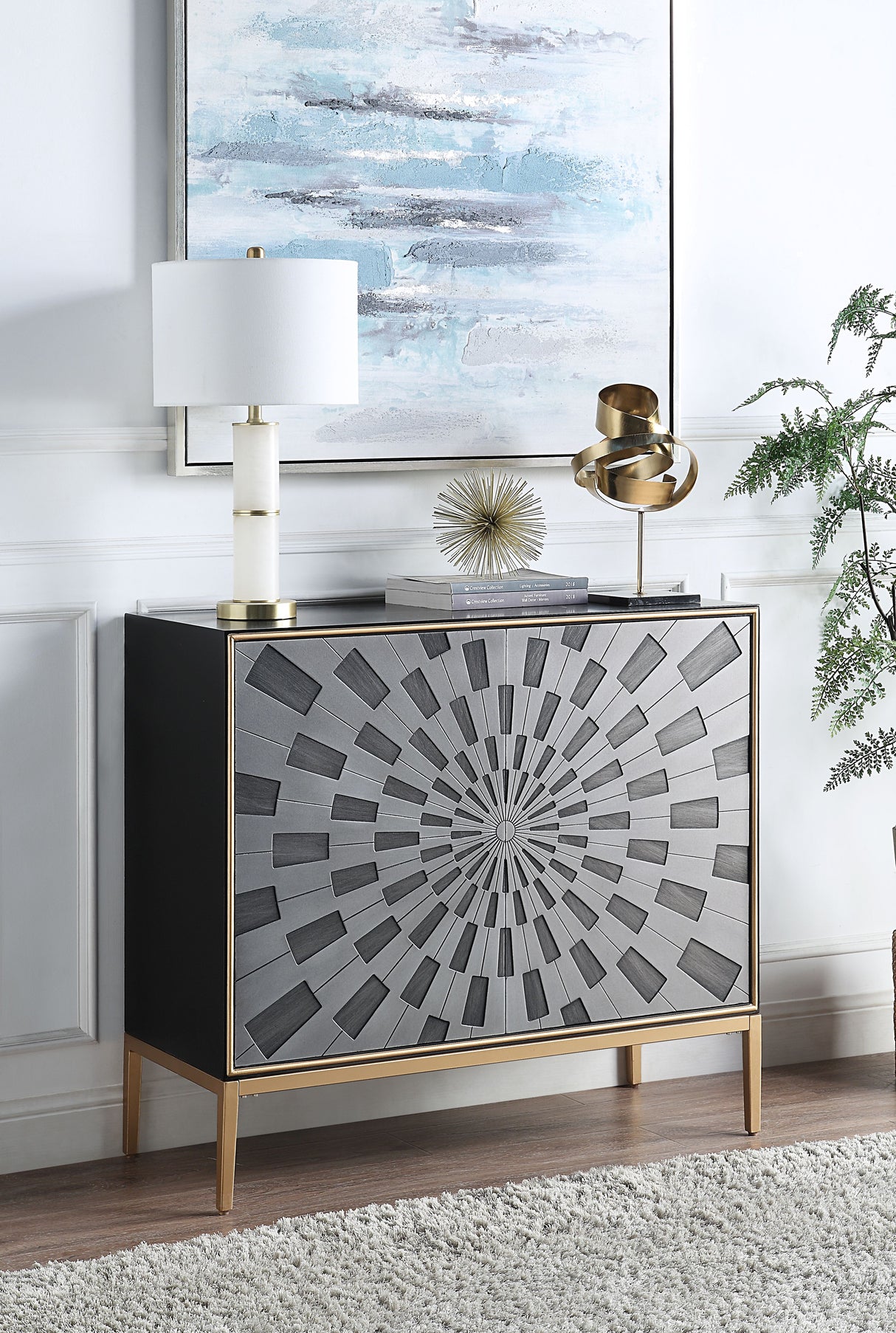 Acme - Quilla Console Cabinet AC00200 Black, Gray & Brass Finish