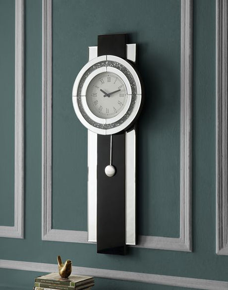 Acme - Noralie Wall Clock AC00424 Black, Mirrored & Faux Diamonds