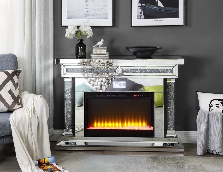 Acme - Noralie Fireplace W/Bluetooth AC00510 Mirrored & Faux Diamonds