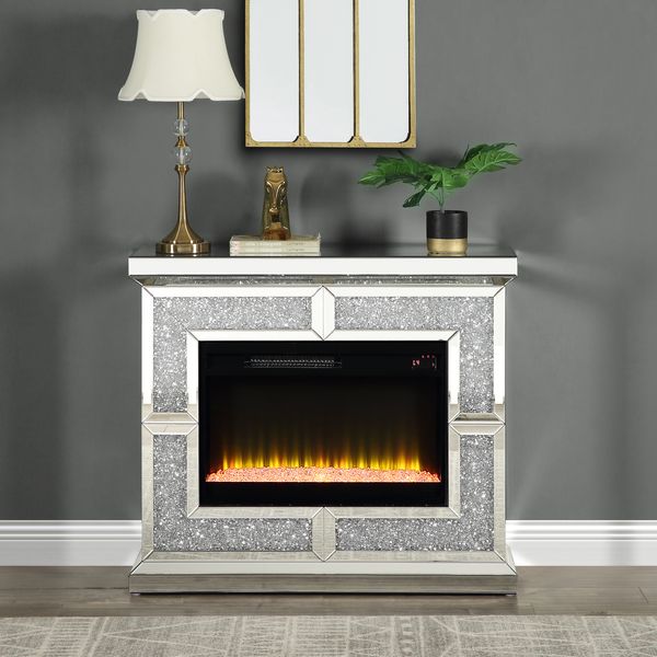 Acme - Noralie Fireplace AC00512 Mirrored & Faux Diamonds