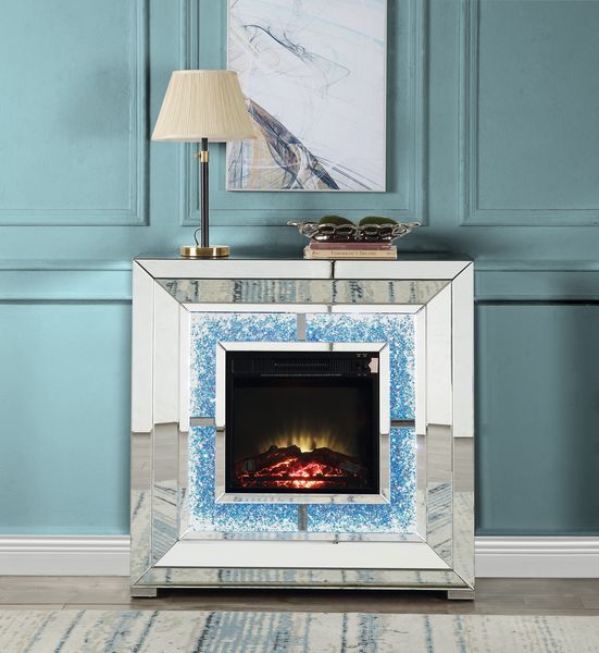 Acme - Noralie Fireplace W/Led AC00514 Mirrored & Faux Diamonds