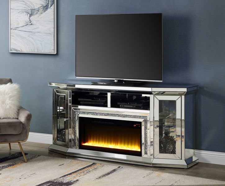 Acme - Noralie Tv Stand W/Fireplace & Led AC00517 Mirrored & Faux Diamonds