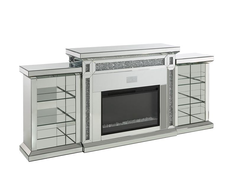 Acme - Noralie Fireplace W/Led & Bluetooth AC00518 Mirrored & Faux Diamonds