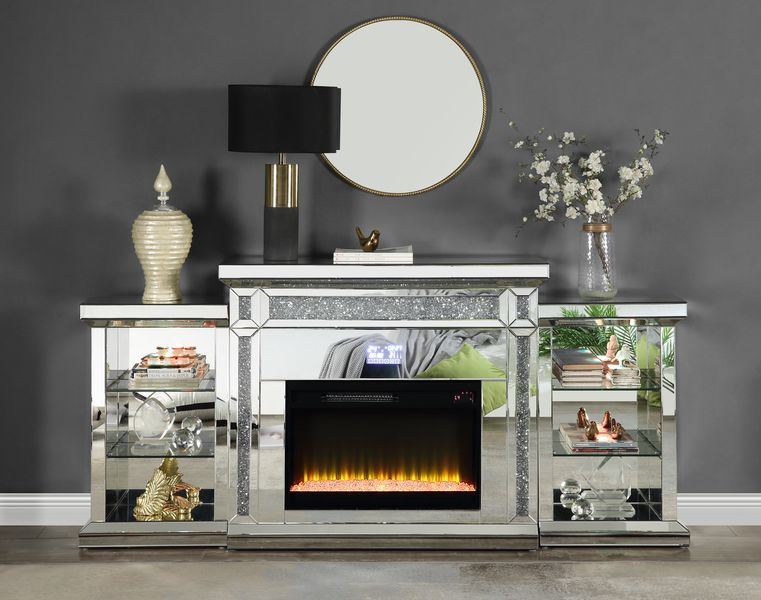 Acme - Noralie Fireplace W/Led & Bluetooth AC00518 Mirrored & Faux Diamonds