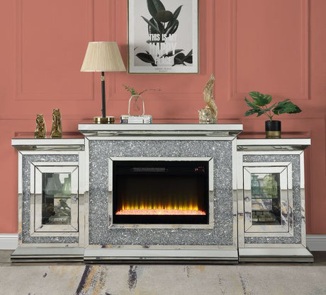 Acme - Noralie Fireplace W/Led AC00522 Mirrored & Faux Diamonds