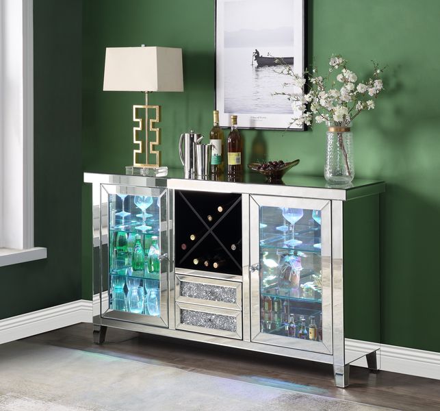 Acme - Noralie Wine Cabinet W/Led AC00525 Mirrored & Faux Diamonds