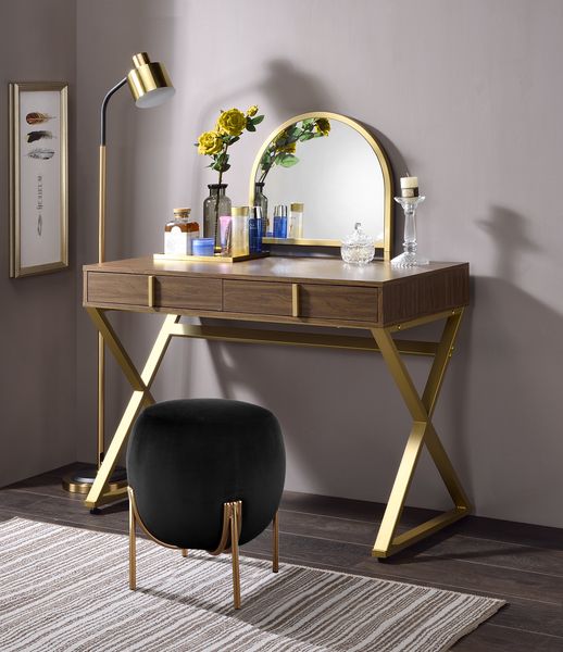 Acme - Coleen Vanity Desk W/Mirror & Jewelry Tray AC00665 Walnut & Gold Finish