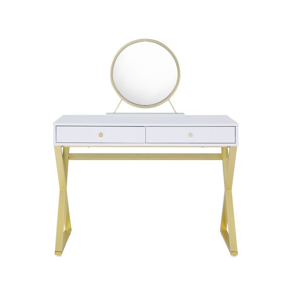 Acme - Coleen Vanity Desk W/Mirror & Jewelry Tray AC00667 White & Gold Finish