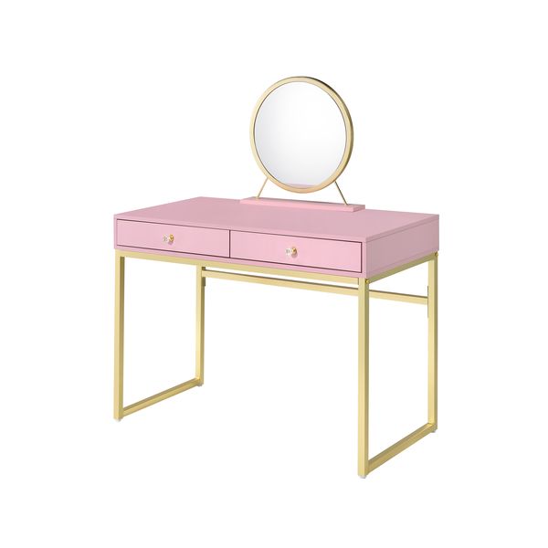 Acme - Coleen Vanity Desk W/Mirror & Jewelry Tray AC00668 Pink & Gold Finish