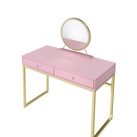 Acme - Coleen Vanity Desk W/Mirror & Jewelry Tray AC00668 Pink & Gold Finish