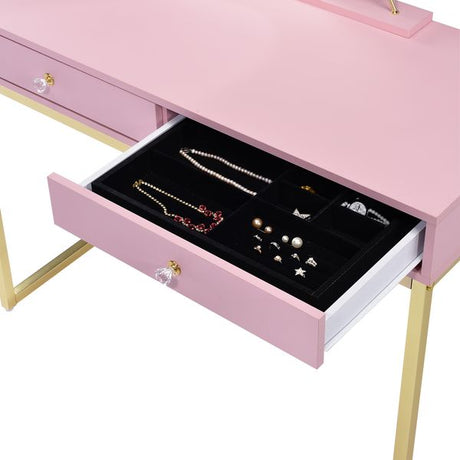 Acme - Coleen Vanity Desk W/Mirror & Jewelry Tray AC00668 Pink & Gold Finish