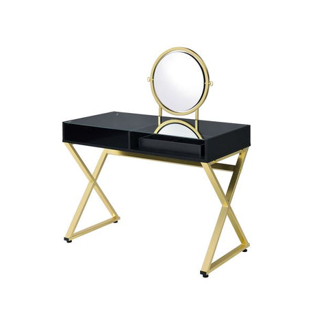 Acme - Coleen Vanity Desk W/Mirror & Jewelry Tray AC00669 Black & Gold Finish