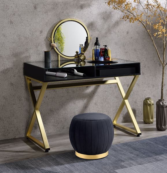 Acme - Coleen Vanity Desk W/Mirror & Jewelry Tray AC00669 Black & Gold Finish