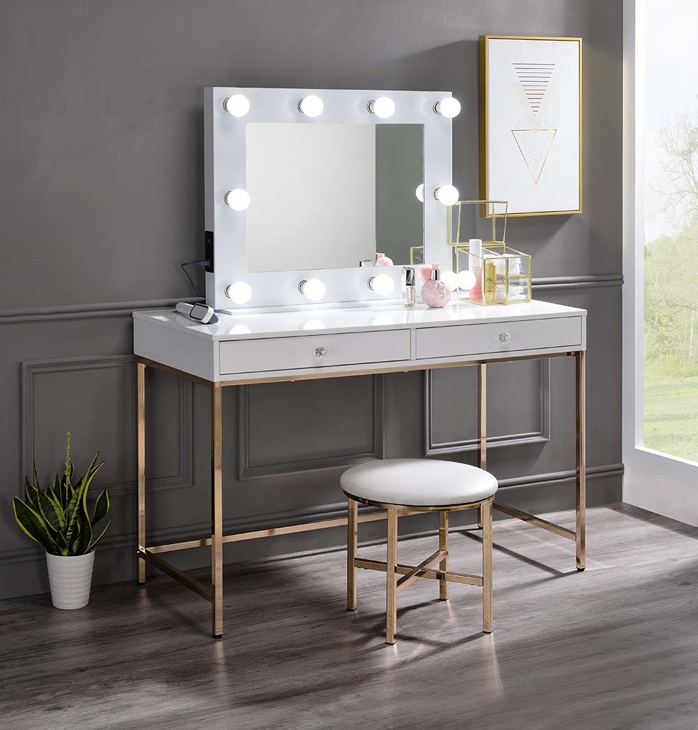 Acme - Ottey Vanity Desk(Same 92540) AC00899 White High Gloss & Gold Finish