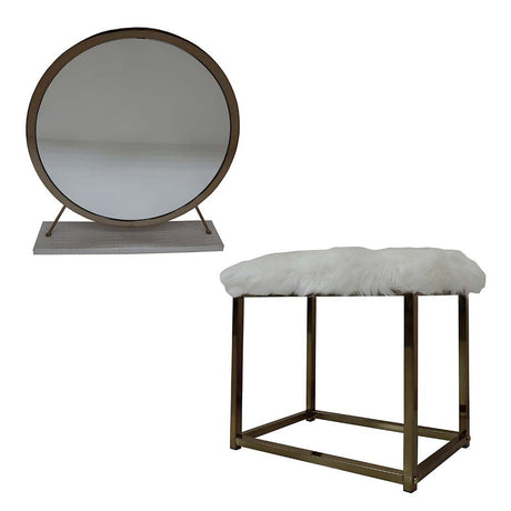 Adao Vanity Mirror & Stool AC00933 Faux Fur, Mirror, White & Champagne Finish | Acme - AC00933 - Home Elegance USA - 1