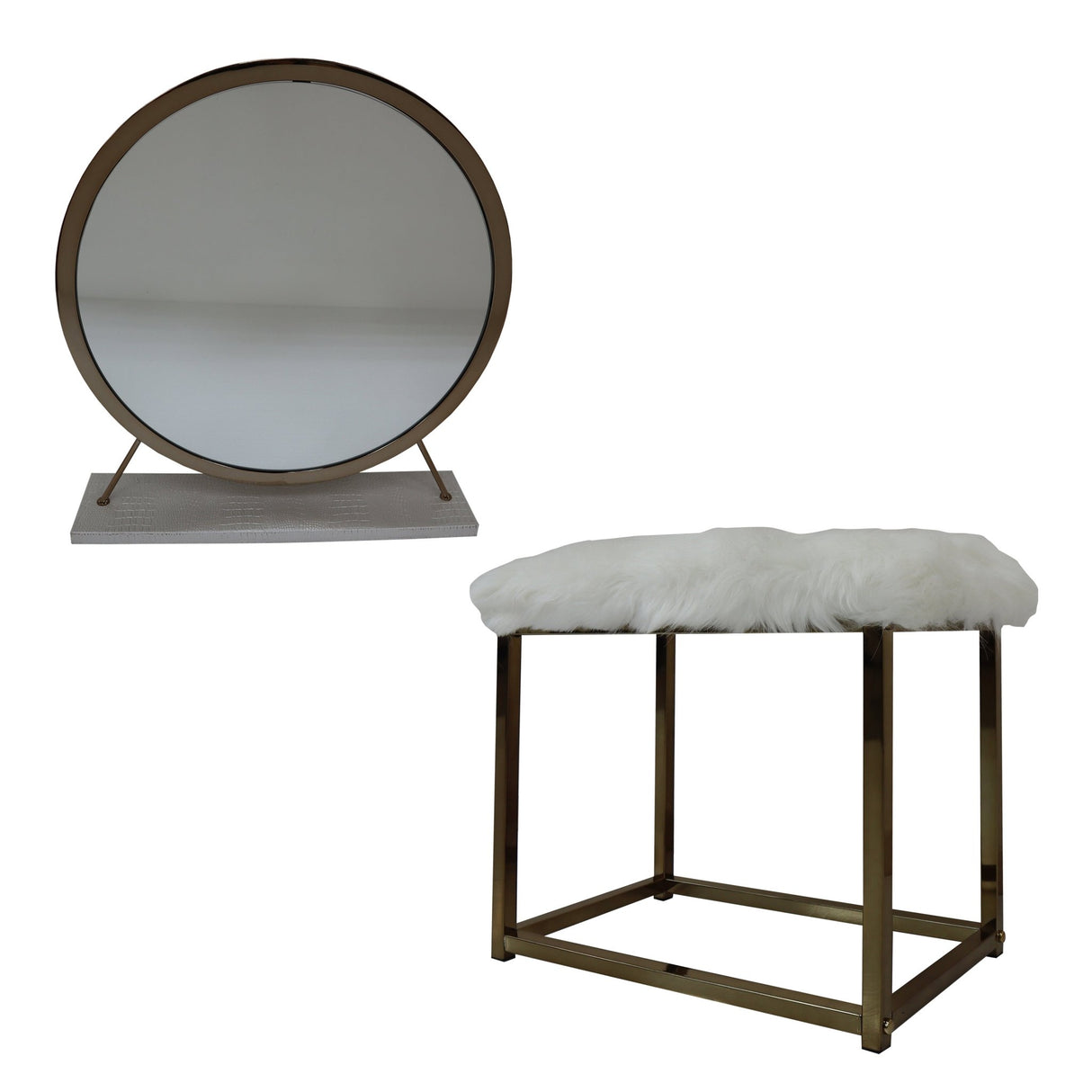 Adao Vanity Mirror & Stool AC00933 Faux Fur, Mirror, White & Champagne Finish | Acme - AC00933 - Home Elegance USA - 3