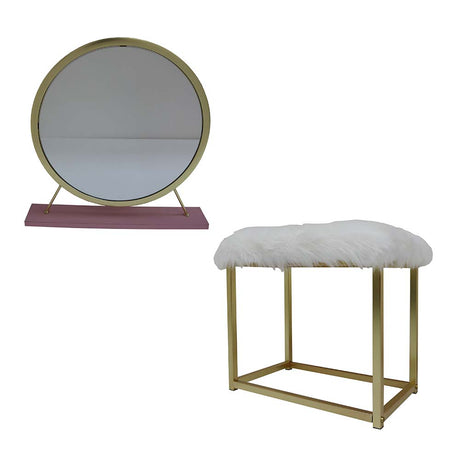 Acme - Adao Vanity Mirror & Stool AC00934 Faux Fur, Mirror, Pink & Gold Finish