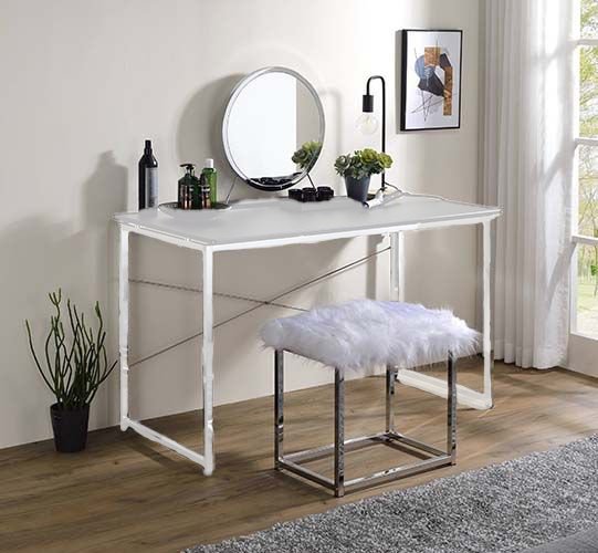 Adao Vanity Mirror & Stool AC00936 Faux Fur, Mirror, Black & Chrome Finish | Acme - AC00936 - Home Elegance USA - 2