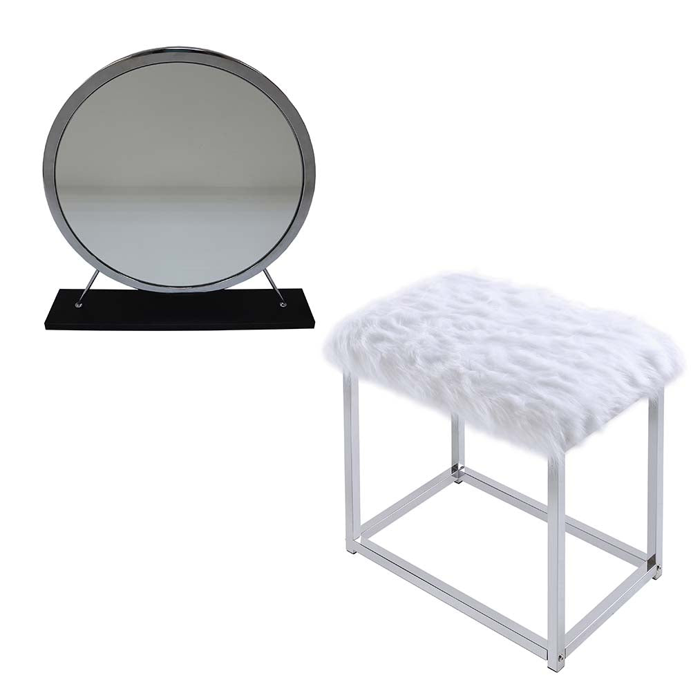 Adao Vanity Mirror & Stool AC00936 Faux Fur, Mirror, Black & Chrome Finish | Acme - AC00936 - Home Elegance USA - 1