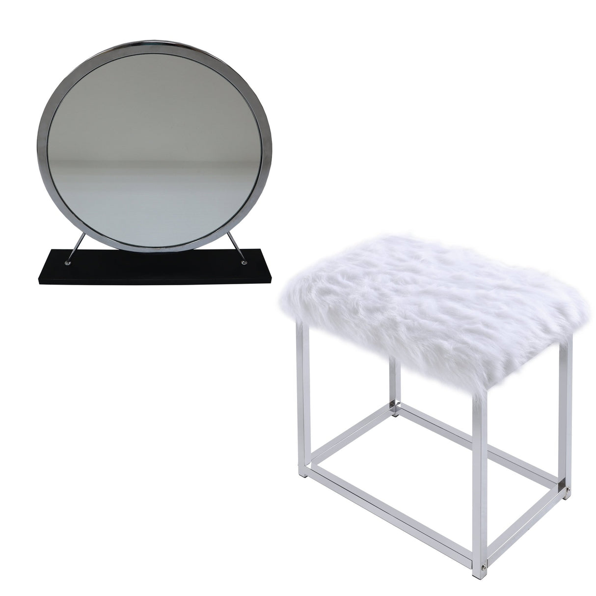 Adao Vanity Mirror & Stool AC00936 Faux Fur, Mirror, Black & Chrome Finish | Acme - AC00936 - Home Elegance USA - 3