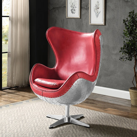 Acme - Brancaster Accent Chair W/Swivel AC01990 Red Top Grain Leather & Aluminum