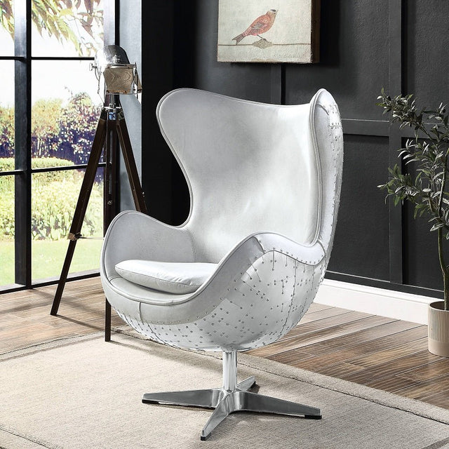 Brancaster Accent Chair W/Swivel AC01991 Vintage White Top Grain Leather & Aluminum | Acme | Home Elegance USA