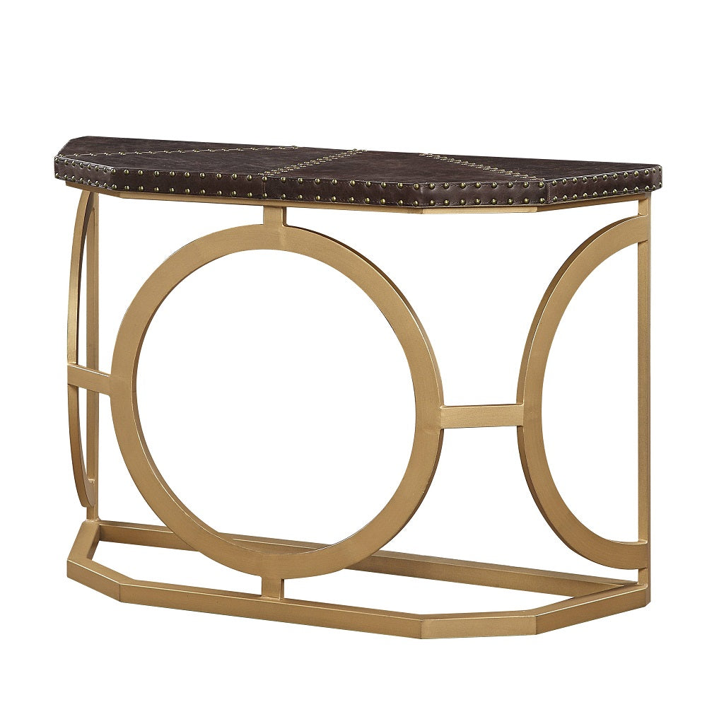 Acme - Solara Console Table AC01994 Brown Top Grain Leather & Gold Finish