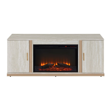 Acme - Vanna Console Cabinet W/Fireplace AC02100 Stone Print & Gold Finish