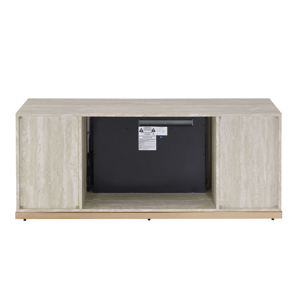 Acme - Vanna Console Cabinet W/Fireplace AC02100 Stone Print & Gold Finish