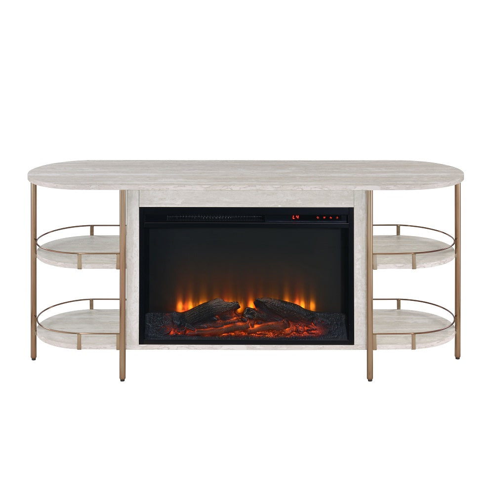 Acme - Valene Console Table W/Fireplace AC02101 Stone Print Gold Finish