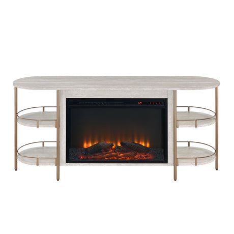 Acme - Valene Console Table W/Fireplace AC02101 Stone Print Gold Finish