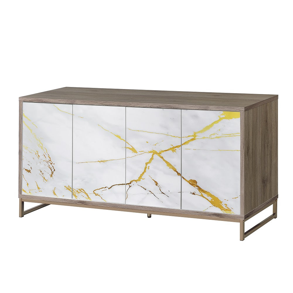 Acme - Paavan Console Cabinet AC02343 White Marble Print Oak & Champagne Finish