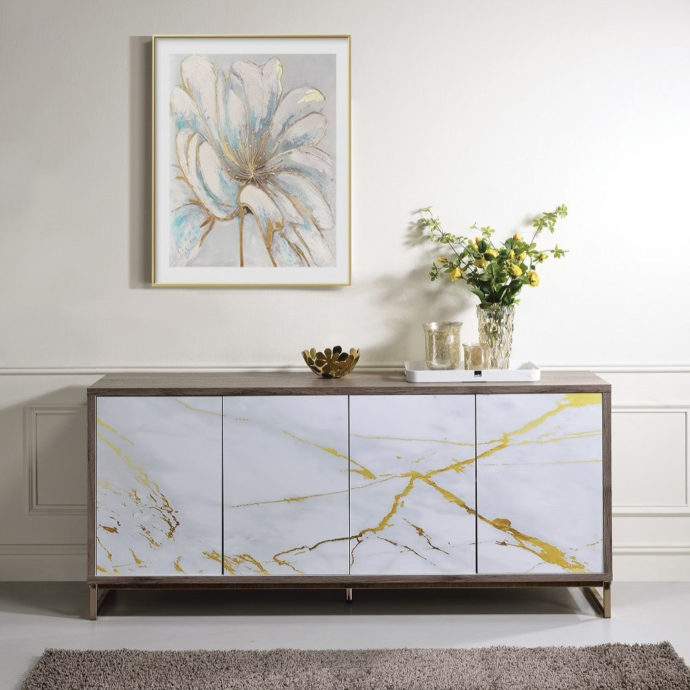 Acme - Paavan Console Cabinet AC02343 White Marble Print Oak & Champagne Finish