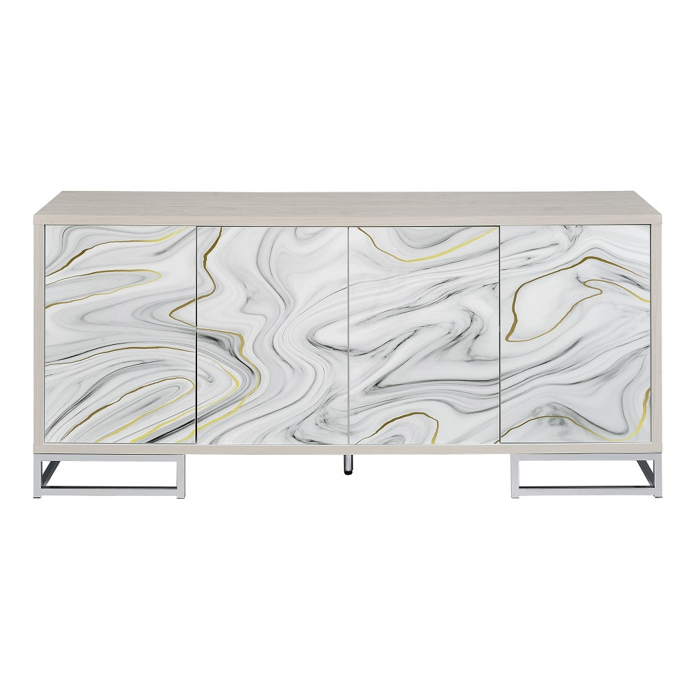 Acme - Panos Console Cabinet AC02344 White Marble Print & Chrome Finish