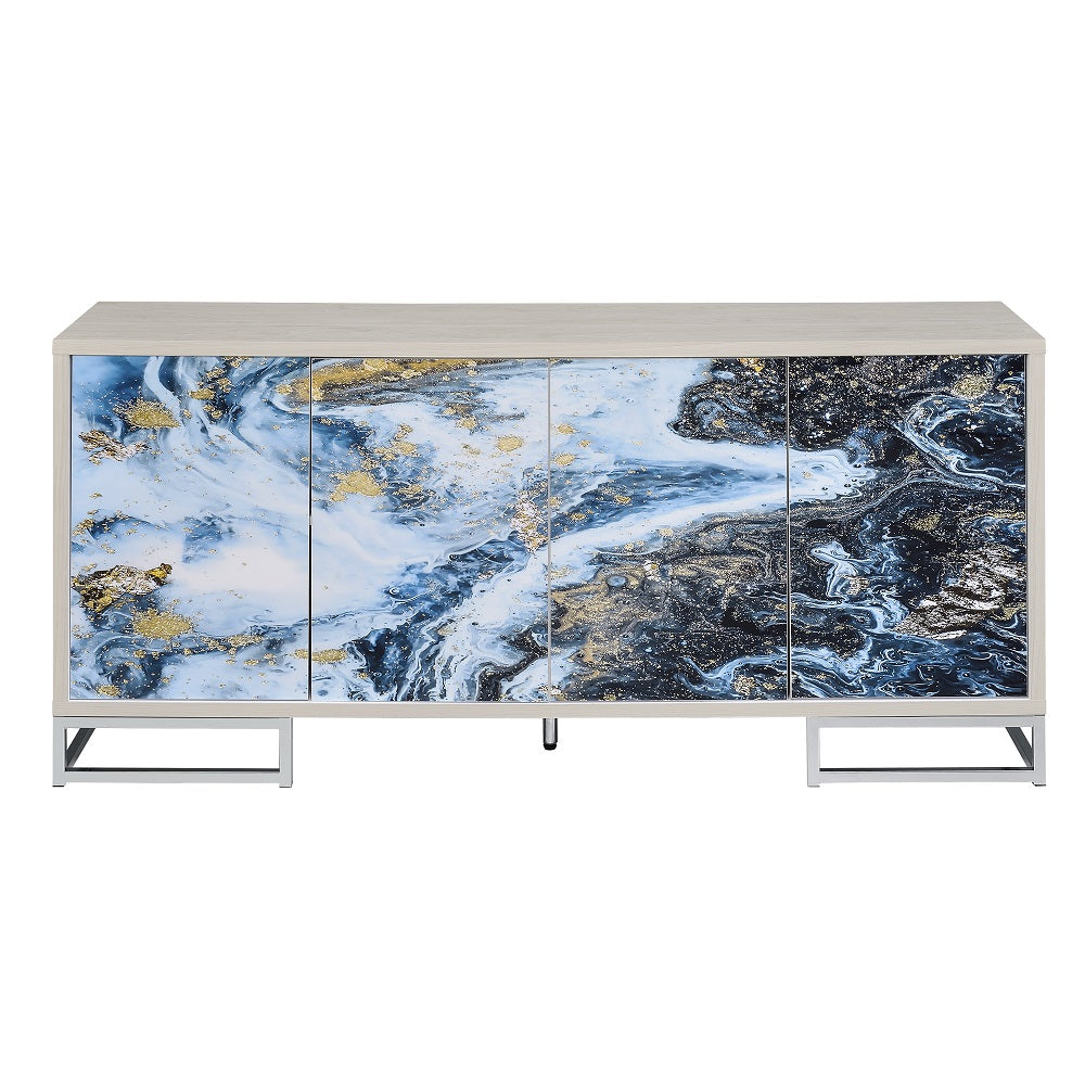 Acme - Liam Console Cabinet AC02345 Blue Marble Print & Chrome Finish