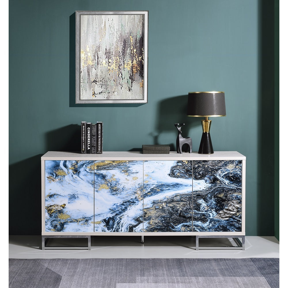 Acme - Liam Console Cabinet AC02345 Blue Marble Print & Chrome Finish