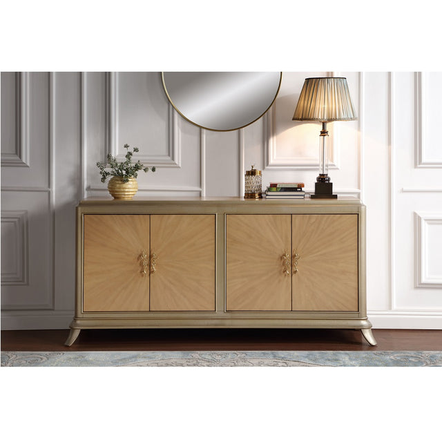 Acme - Dodie Console Cabinet AC02504 Natural Oak Sunburst Pattern & Taupe Champaign Finish