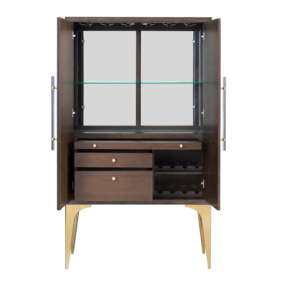 Acme - Andy Bar Cabinet AC02508 Brushed Brown Oak & Champagne Finish