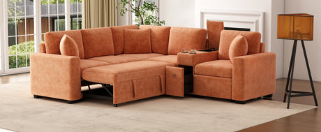 120.5' L-shaped Convertible Sofa Bed Modular Sectional Sofa Reversible Sleeper with Pull-Out Bed, Cup Holders, and Ample Storage Space for Living Room(Old SKU:N719S001940G), Orange - sold by Home Elegance USA