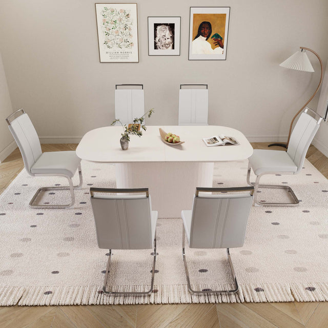 63 'medieval modern cream style MDF dining table and PU armless dining chair set 6. Assemble Desktop and Silver plated metal leg dining chair set, suitable for home&kitchen