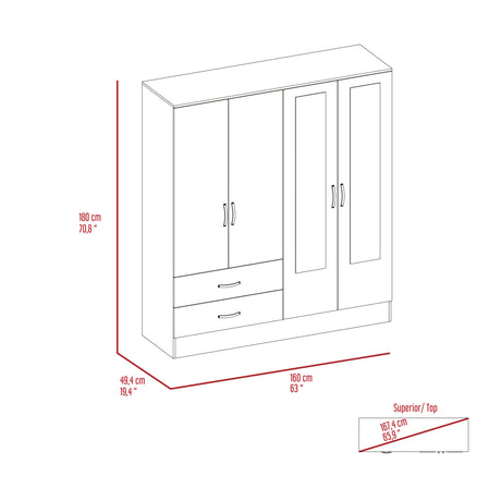 Gangi 160 Armoire, 4-door wardrobe , Two Mirrors, Metal Hardware, Two Drawers, Rod, Ten Shelves, Black Wengue / Light Gray -Bedroom - sold by Home Elegance USA