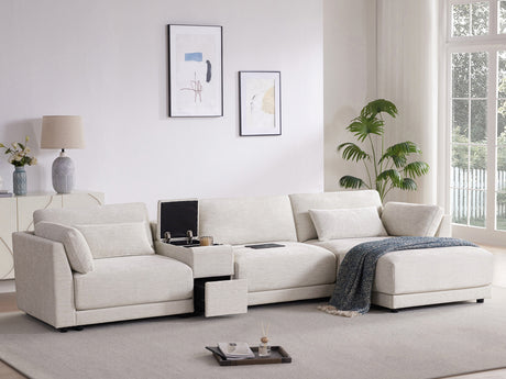 124'' L-Shaped Sectional Sofa with Multi-Functional Storage Console, Wired&Wireless Charger, Movable Ottoman, Wider&Thicker Cushion, Free Combination for Living Room&Apartment, Chenille - sold by Home Elegance USA