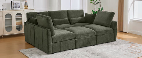 Modern Sectional Sofa Modular Sofa 85.4' U-shaped Sofa Couch Sofa Bed with Movable Ottoman, USB Ports, Phone Holder, Green Chenille - sold by Home Elegance USA