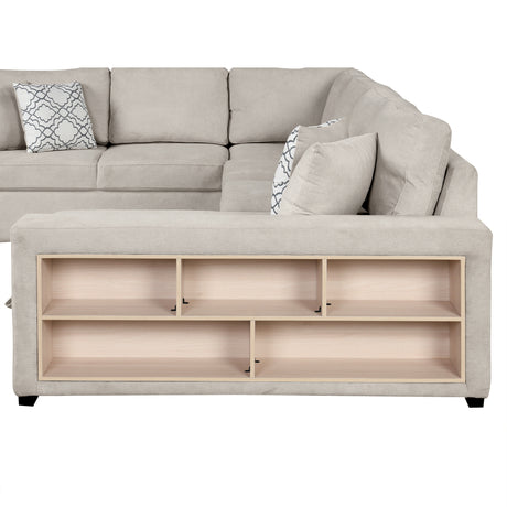 Beige Chenille U-Shaped Sectional Sofa with Pull-out Bed, USB Ports, Storage Chaise & Back Pillows - sold by Home Elegance USA