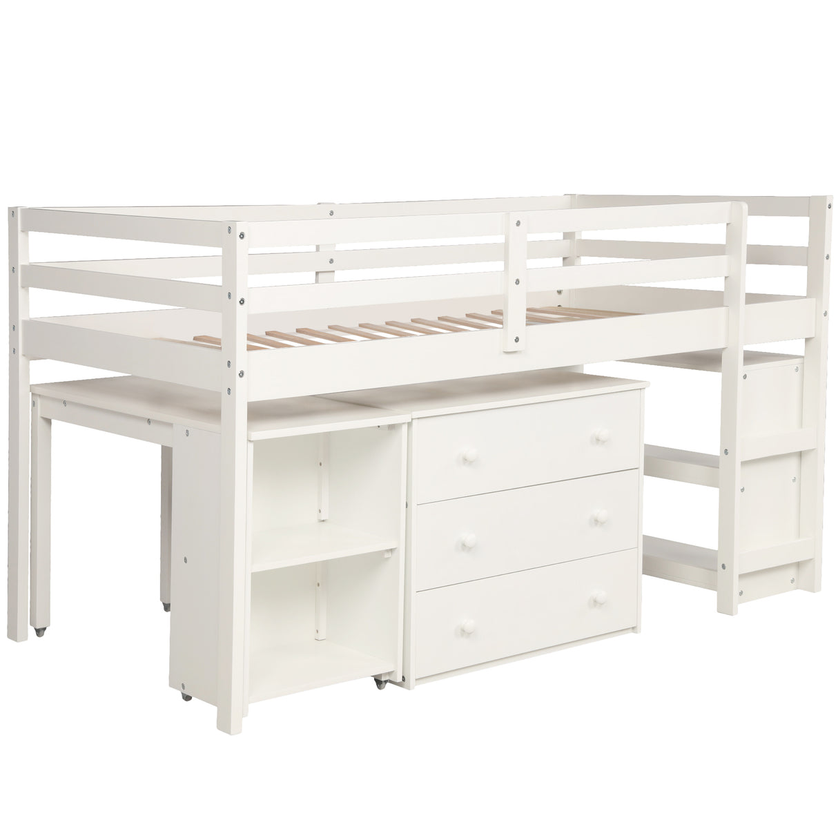 Low Study Twin Loft Bed with Cabinet and Rolling Portable Desk - White (OLD SKU :LP000113AAK) Home Elegance USA