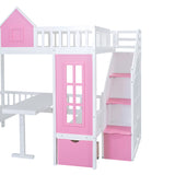 Full-Over-Full Bunk Bed with Changeable Table, Bunk Bed Turn into Upper Bed and Down Desk -Pink - Home Elegance USA