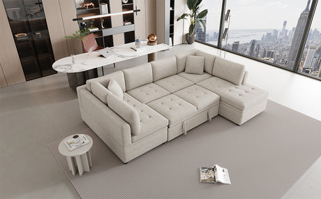 Oversized U-Shaped Sectional Sofa Couch with Pull-out Bed, Beige Chenille, 117.3' - sold by Home Elegance USA