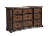 1pc Genuine Marble Top Nine Drawers Dresser Intricate Moldings Beautifully Curved Silhouette Rich Coffee Wood Finish Bedroom Solid Wood Furniture
