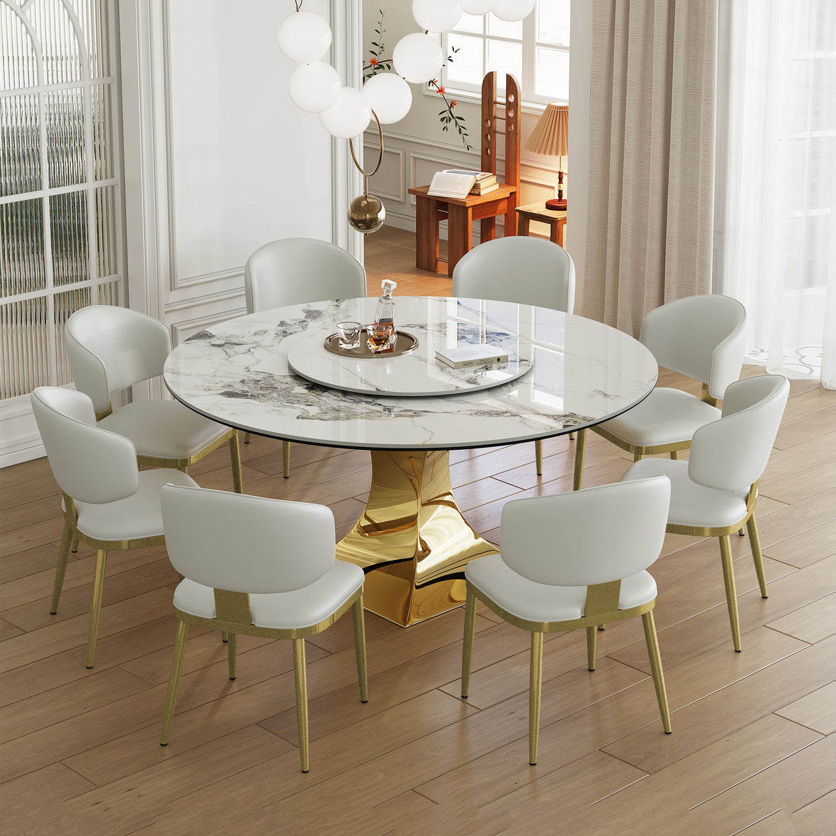 59' Round Sintered Stone Dining Table Set with Gold Stainless Steel Hourglass Base & 8 White Padded Chairs - Modern Luxury Marble-Look Kitchen Table for 6-8 People, Scratch & Heat Resistant Surface
